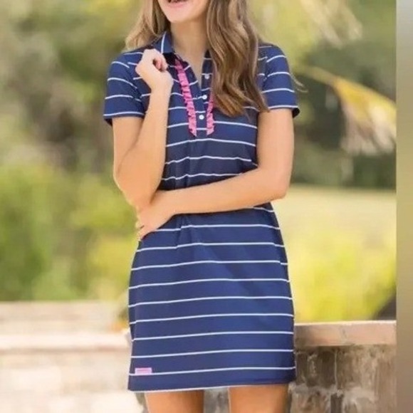 Simply Southern Dresses & Skirts - Simply Southern Polo Dress Womens‎ XL Navy Blue White Striped Pink Ruffle Preppy